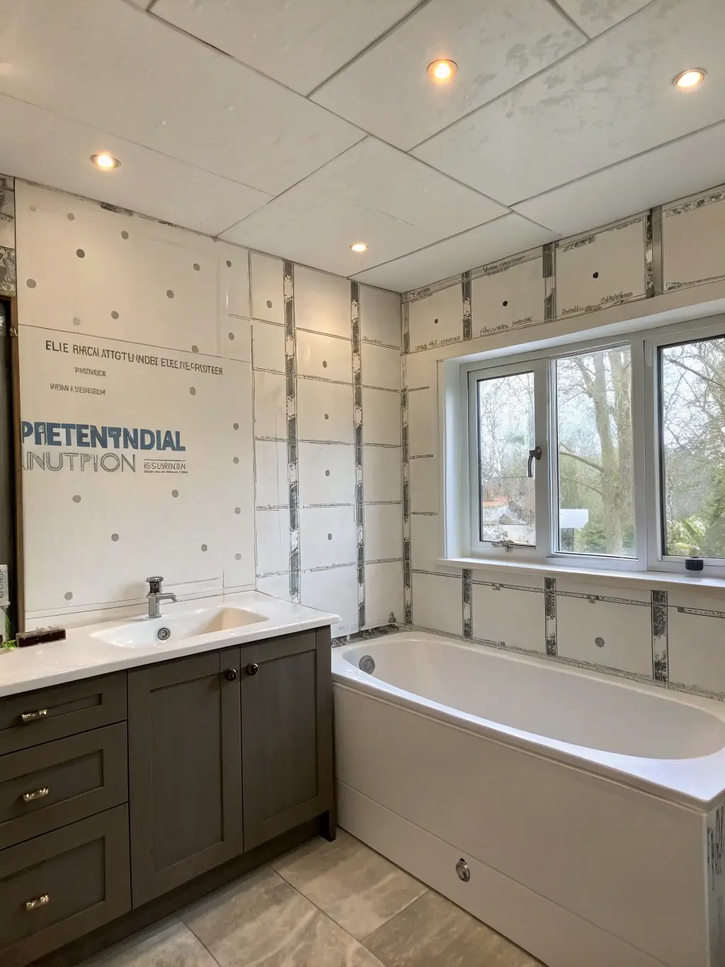 A photo of a bathroom renovation project, showing waterproof plastering techniques used by Residential Innovations LLC to prevent moisture damage.