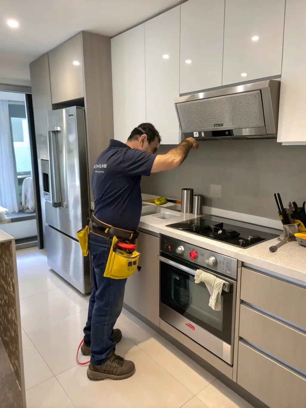 A picture of a kitchen being remodeled, highlighting the plastering work around new cabinets and appliances by Residential Innovations LLC.