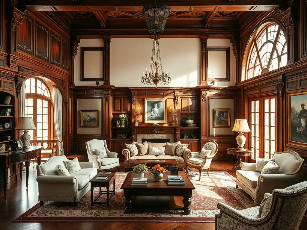 A beautifully restored living room with ornate plasterwork, showcasing the historical charm and craftsmanship of Residential Innovations LLC.
